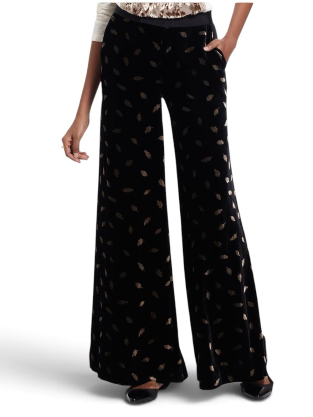 Anthropologie Elevenses Gold Flecked Velvet Wide Leg Pants 6 Petite Black